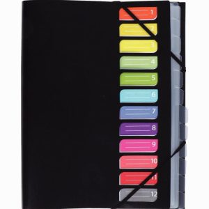 Trieur en polypropylène avec 3 rabats et élastiques 12 compartiments coloris noir
