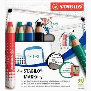Set of 4 assorted Markdry colored pencils + cleaning cloth + pencil sharpener