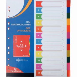Jeu de 12 Intercalaires A4+ en polypropylène coloré 12/100ème