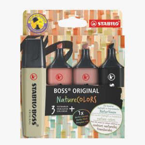 Pochette de 4 surligneurs STABILO BOSS encre universelle à base d'eau. Coloris assortis Beige rosé, gris taupe, vert eucalyptus + 1 noir