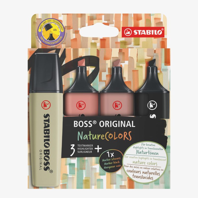 Pochette de 4 surligneurs STABILO BOSS encre universelle à base d'eau. Coloris assortis Beige rosé, gris taupe, vert eucalyptus + 1 noir