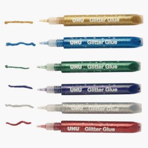 Pack of 6 assorted color glitter glue tubes, 10ml each