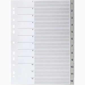 Jeu de 12 intercalaires numériques en polypropylène 12/100ème format A4 coloris gris