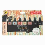 Pochette de 8 surligneurs STABILO BOSS encre universelle à base d'eau. Coloris assortis Vert tilleul, orange rouille, marron glacé, gris taupe, vert eucalyptus, beige rosé + 2 noirs