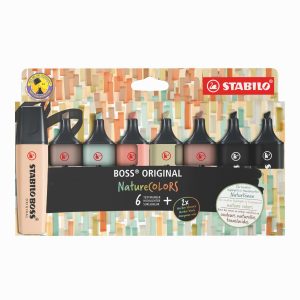 Pochette de 8 surligneurs STABILO BOSS encre universelle à base d'eau. Coloris assortis Vert tilleul, orange rouille, marron glacé, gris taupe, vert eucalyptus, beige rosé + 2 noirs
