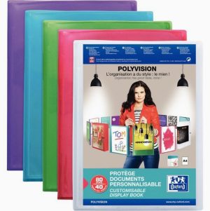 Protège-documents personnalisable 80 pochettes 160 vues pour format A4 21x29,7 cm 5 couleurs assorties: bleu incolore rose violet vert