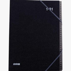 Organizer with black textured cover and 31 numbered compartments
