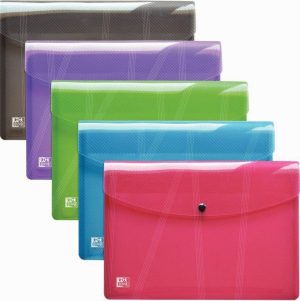 Paquet de 5 enveloppes à pression OXFORD HAWAÏ en polypropylène translucide, pour format A4, coloris assortis