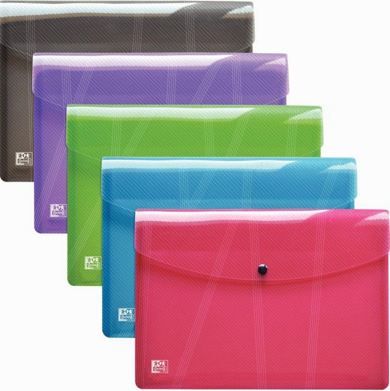 Paquet de 5 enveloppes à pression OXFORD HAWAÏ en polypropylène translucide, pour format A4, coloris assortis